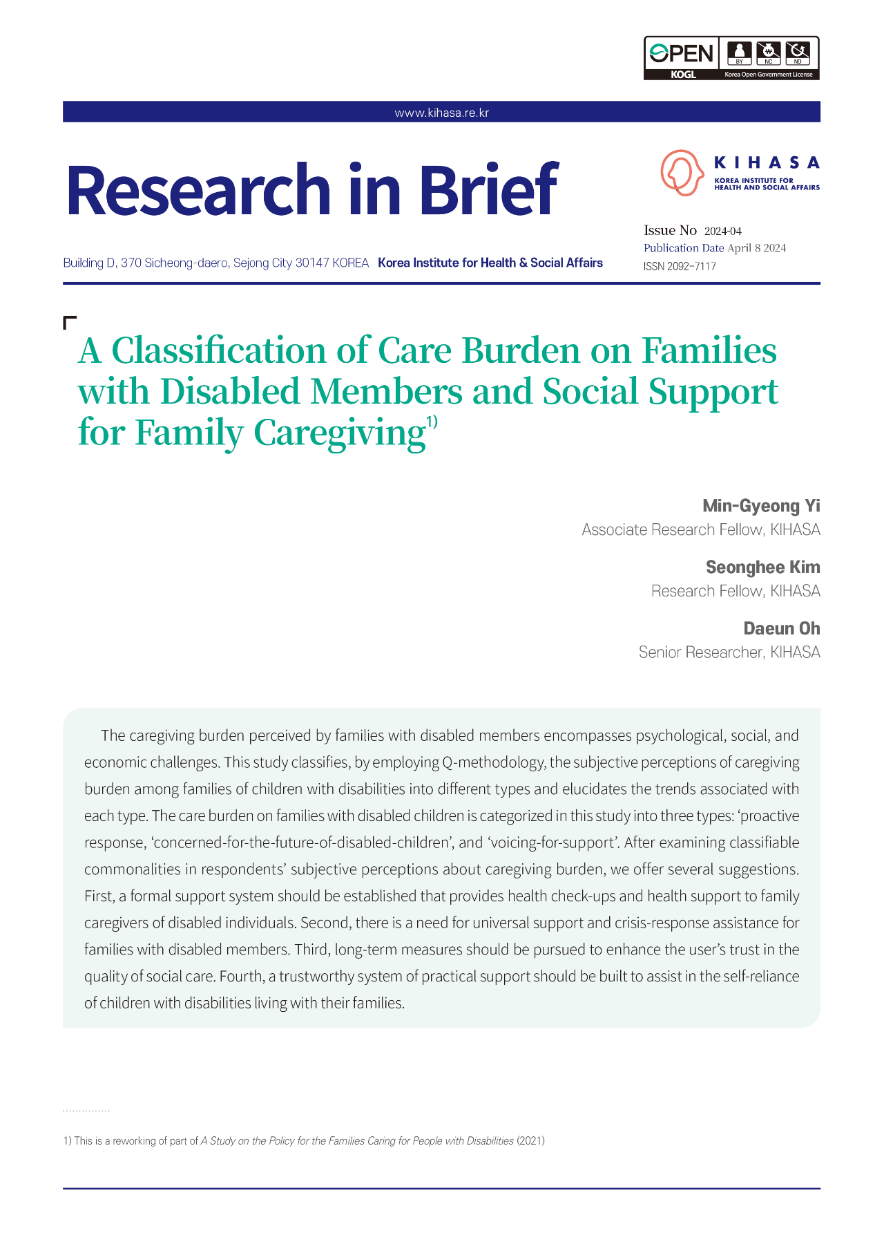 A Classification of Care Burden on Families with Disabled Members and Social Support for Family Caregiving
