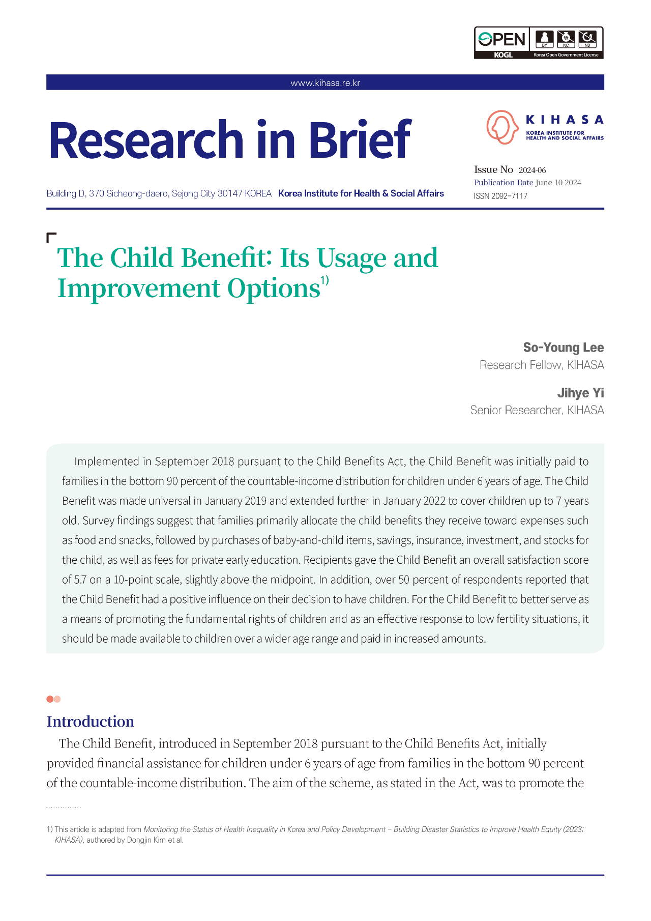 The Child Benefit: Its Usage and Improvement Options