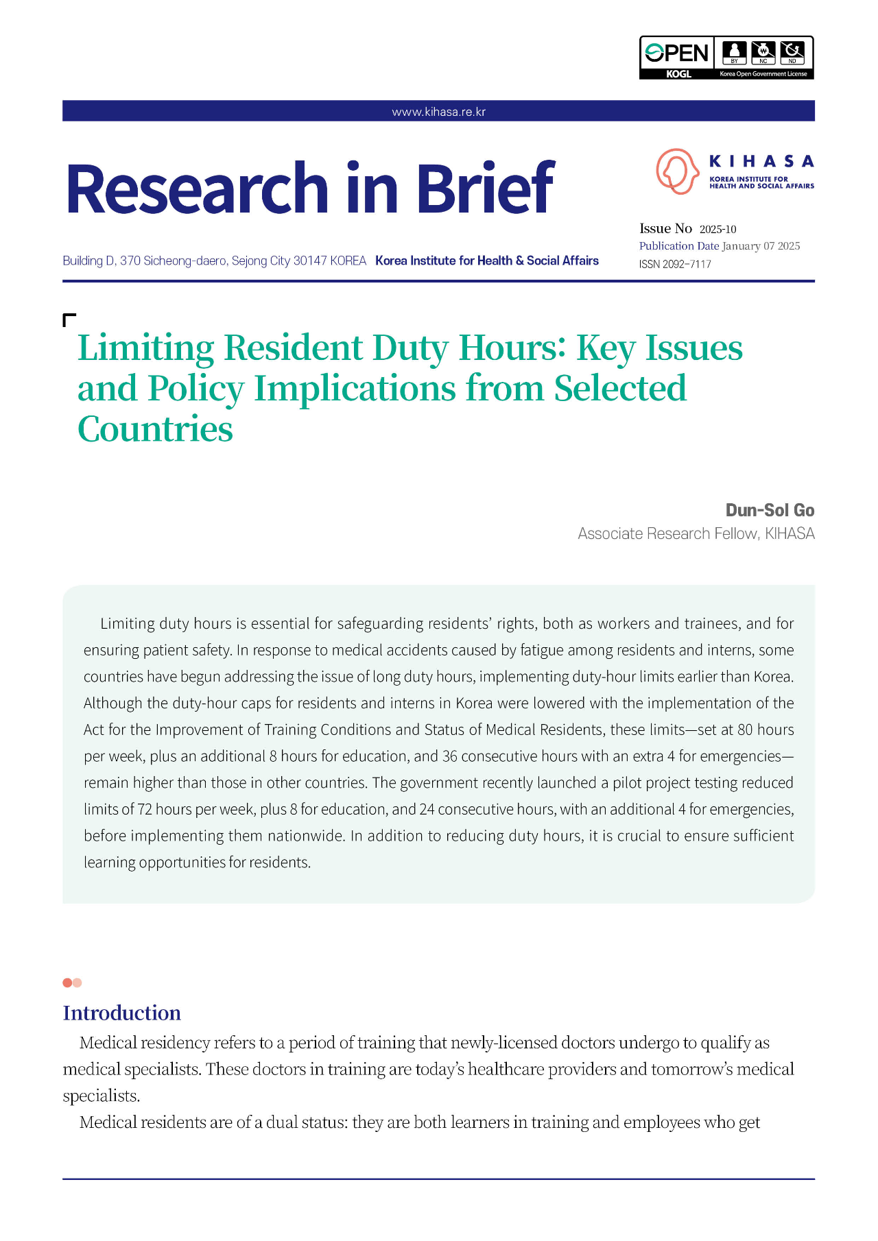 Limiting Resident Duty Hours: Key Issues and Policy Implications from Selected Countries