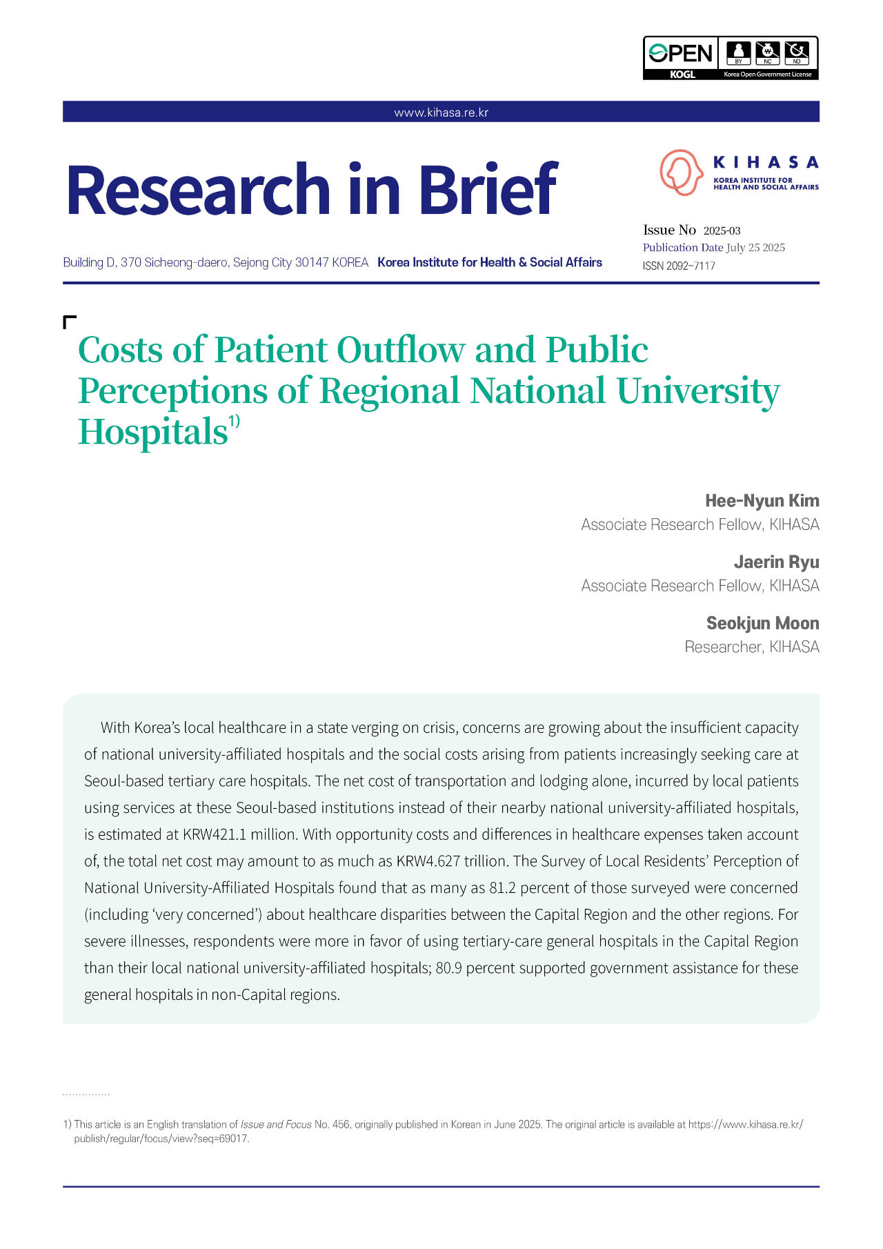 Costs of Patient Outflow and Public Perceptions of Regional National University Hospitals