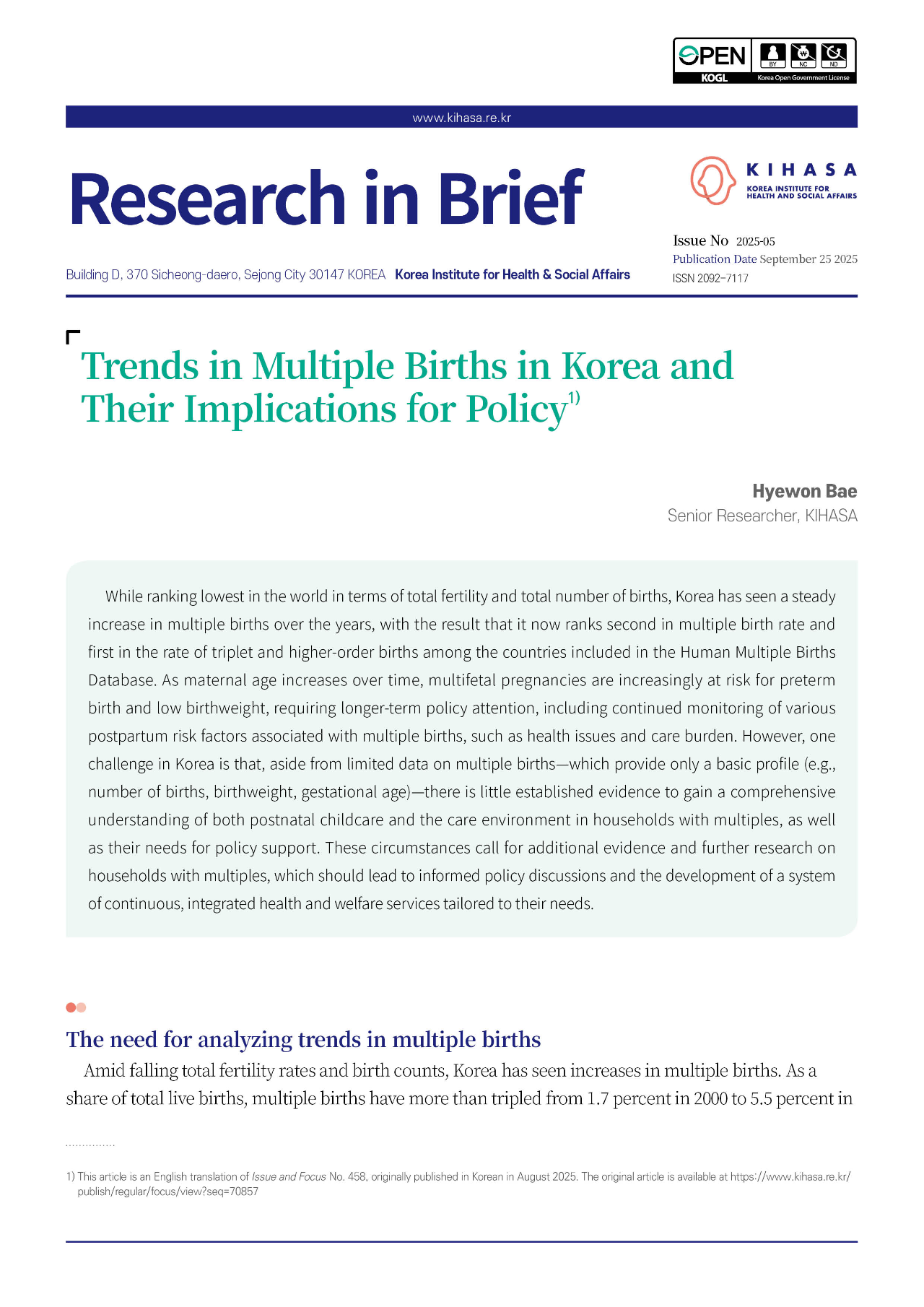 Trends in Multiple Births in Korea and Their Implications for Policy